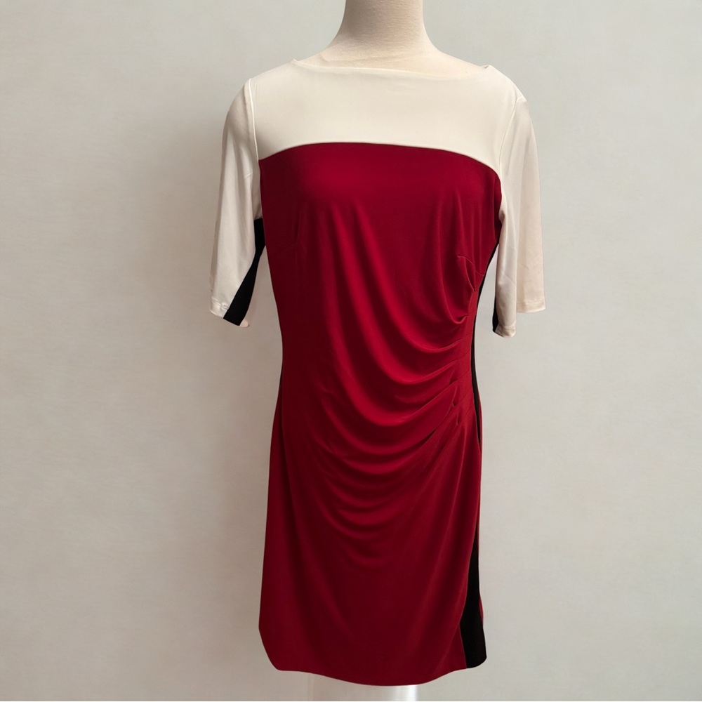 Kasper Colorblock Ruched Dress Red White Black Sheath Career Office Size Large